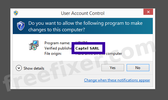 Screenshot where Captel SARL appears as the verified publisher in the UAC dialog